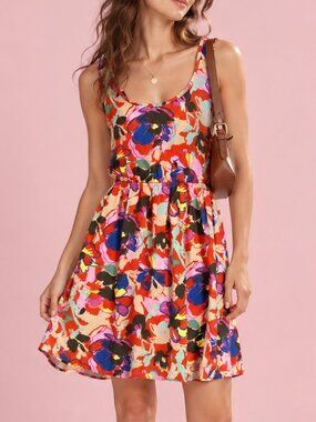 Maitai Abstract Floral Mini Dress Red Multicolour Open Back Sleeveless Medium